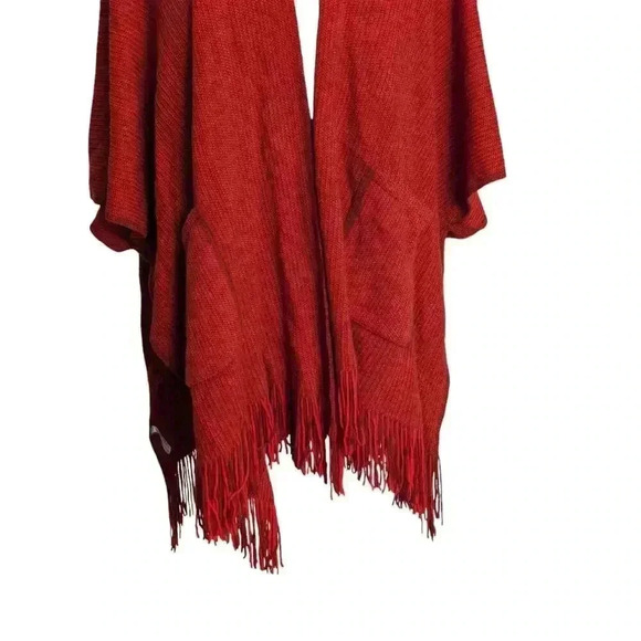 Women's Red One Size Open Front Knit Sweater Shaw with Pockets & Fringe - Picture 3 of 8